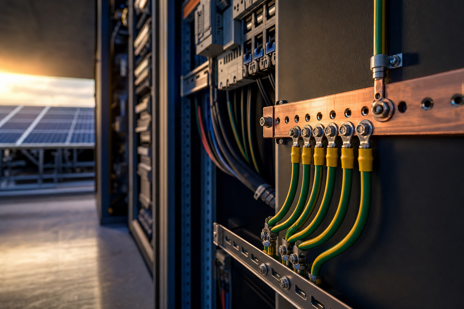 Sistema de aterramento elétrico em instalação empresarial com quadro elétrico, cabos de proteção e infraestrutura técnica