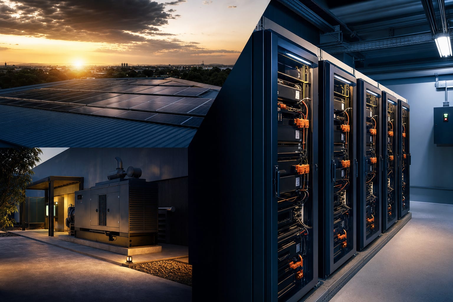 Empresa com sistema de energia solar, banco de baterias e gerador em arquitetura de backup energético