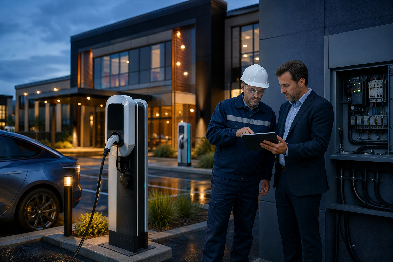 Técnico e gestor analisando carregador veicular em estacionamento comercial com quadro elétrico ao lado