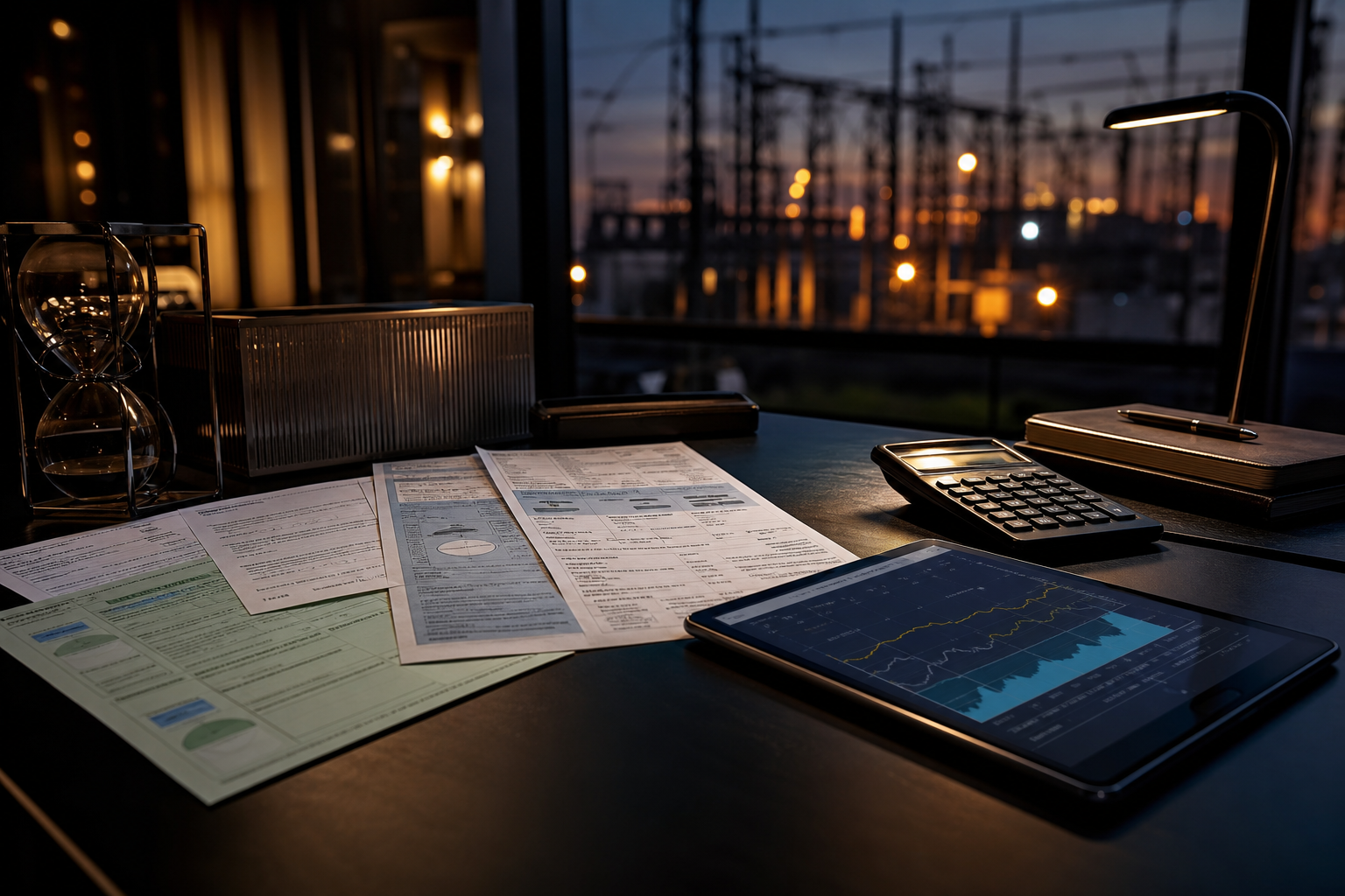 Mesa executiva com faturas de energia, gráficos, contrato e infraestrutura elétrica ao fundo para comparação técnica de propostas