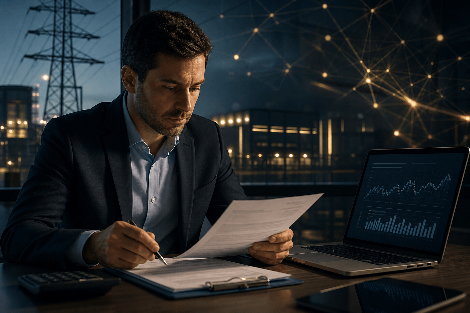 Gestor analisando contrato de energia e indicadores de consumo em ambiente empresarial, representando a decisão de migrar como consumidor varejista no Mercado Livre de Energia