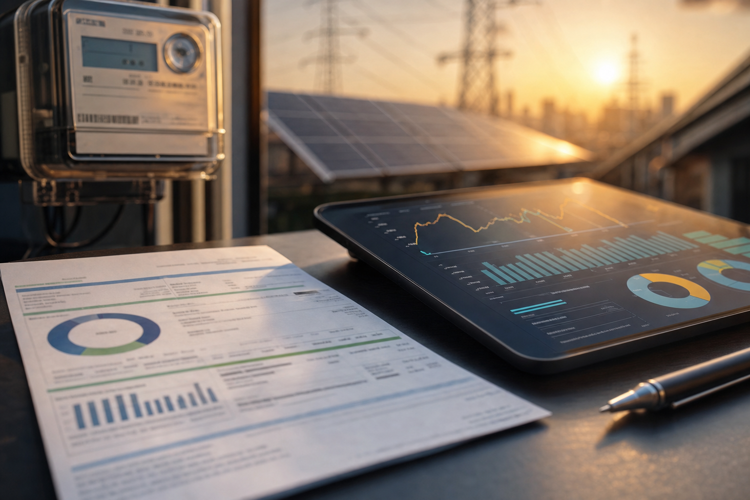 Conta de energia e tablet com gráficos de consumo ao lado de medidor elétrico e painéis solares ao fundo