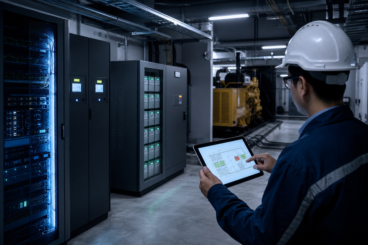 Técnico analisando cargas críticas em sala de energia com nobreak, baterias, gerador e equipamentos essenciais