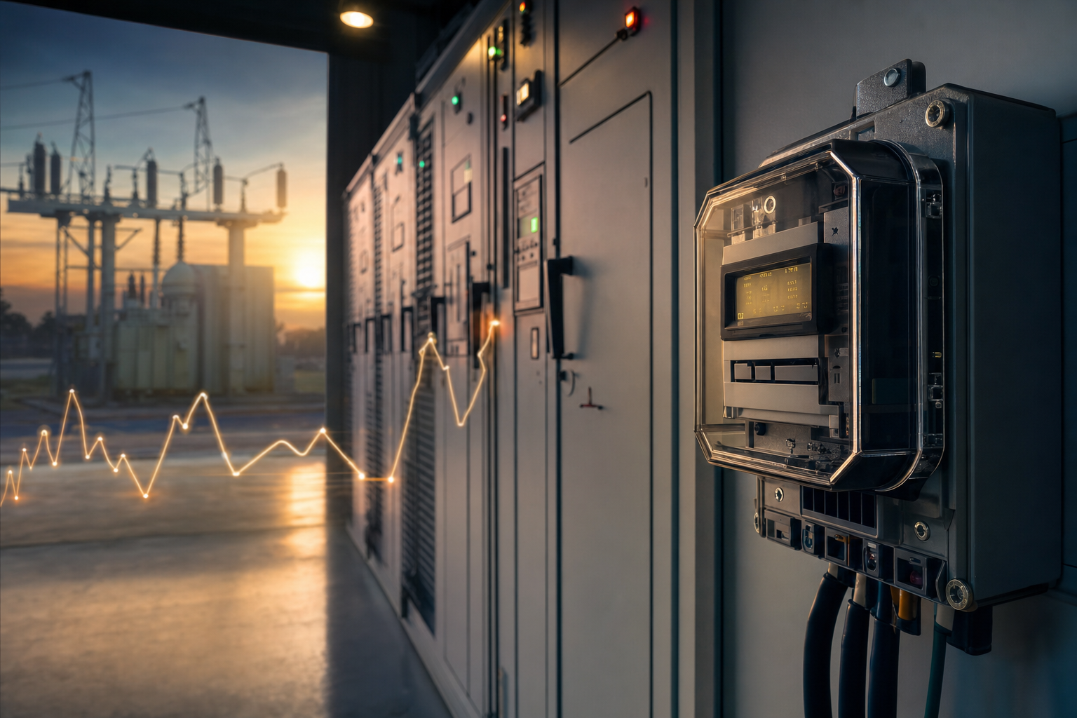 Painel de medição e infraestrutura elétrica industrial representando demanda contratada e gestão de energia