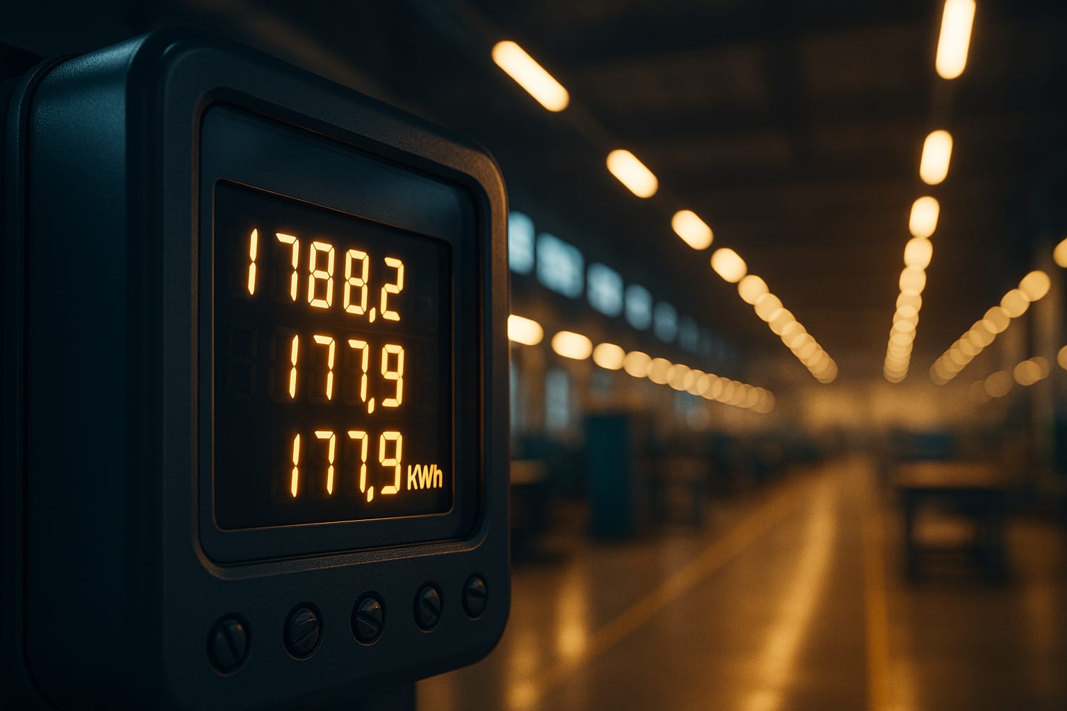 Painel de controle elétrico industrial com medidor digital exibindo consumo