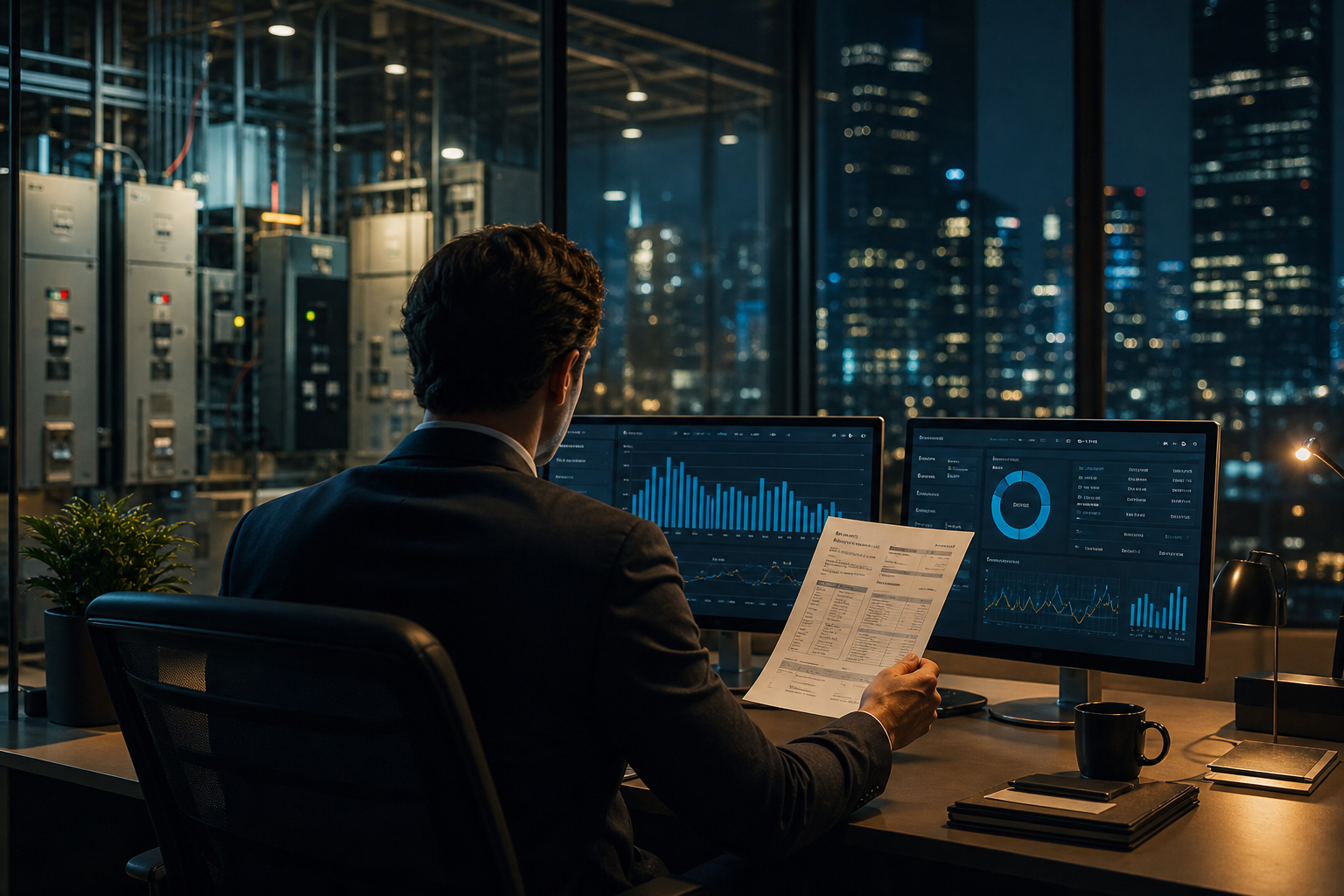 Empresário analisando gráficos financeiros e fatura de energia com infraestrutura elétrica industrial ao fundo