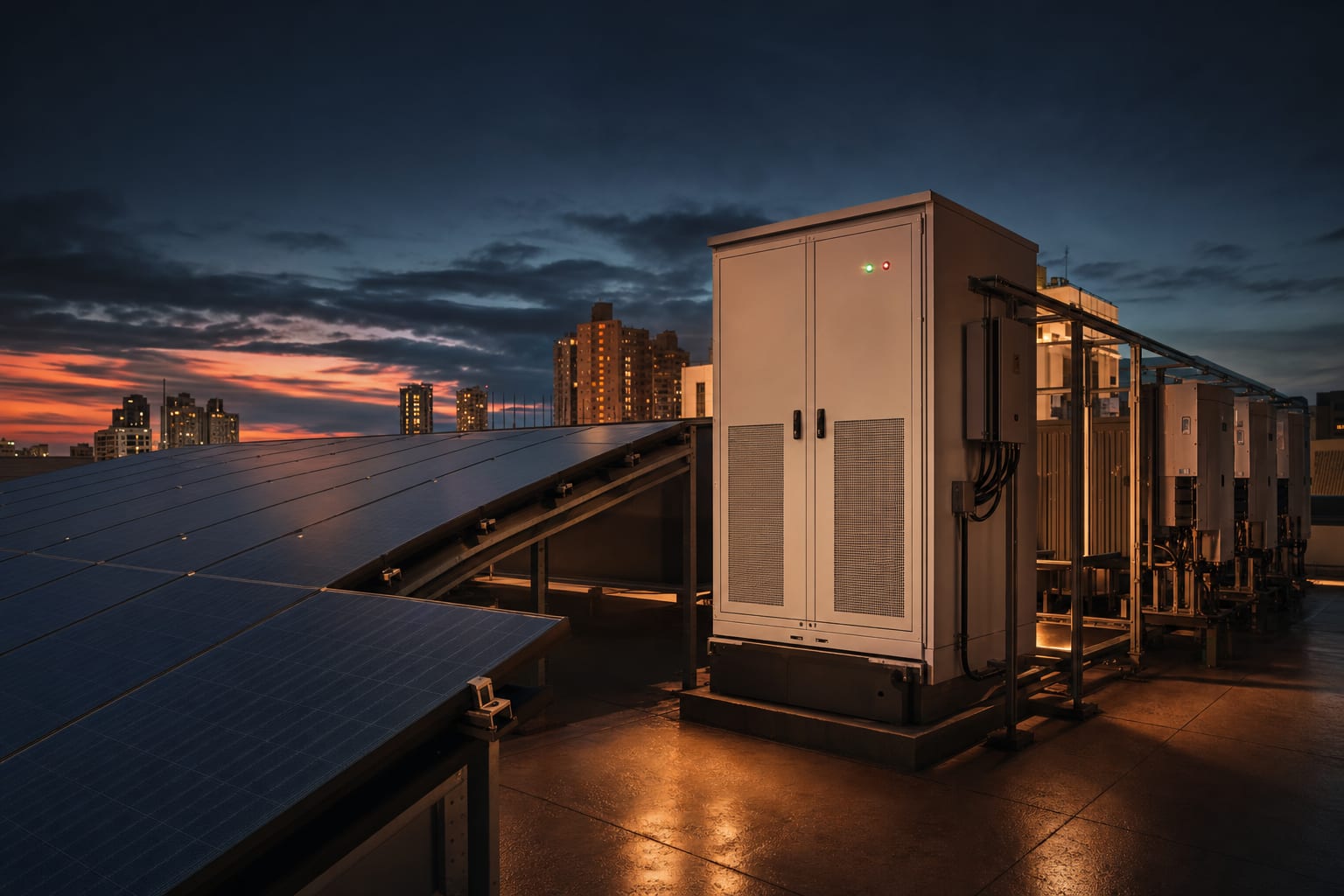 Instalação empresarial moderna com painéis solares e sistema de armazenamento em baterias