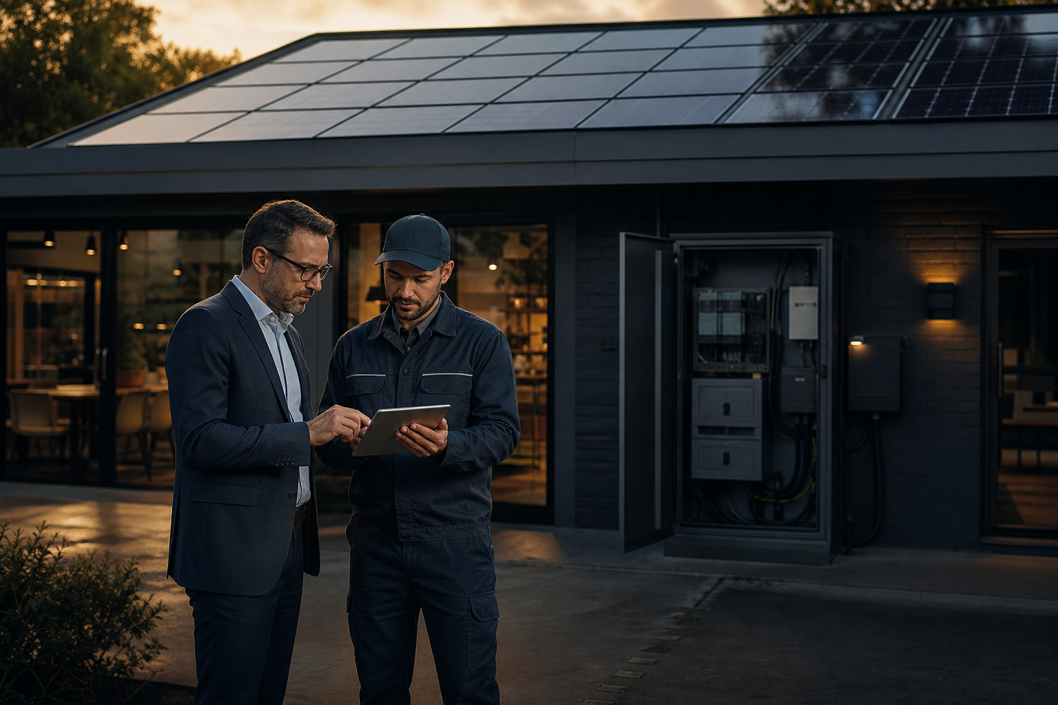 Empresário e técnico avaliando energia solar em comércio com painéis fotovoltaicos e infraestrutura elétrica empresarial