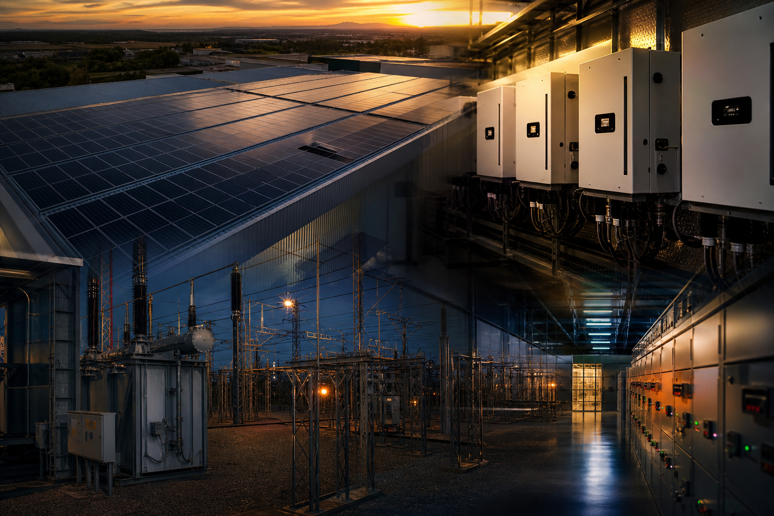 Instalação empresarial com painéis solares, inversores e infraestrutura de média tensão para gestão de energia no Grupo A
