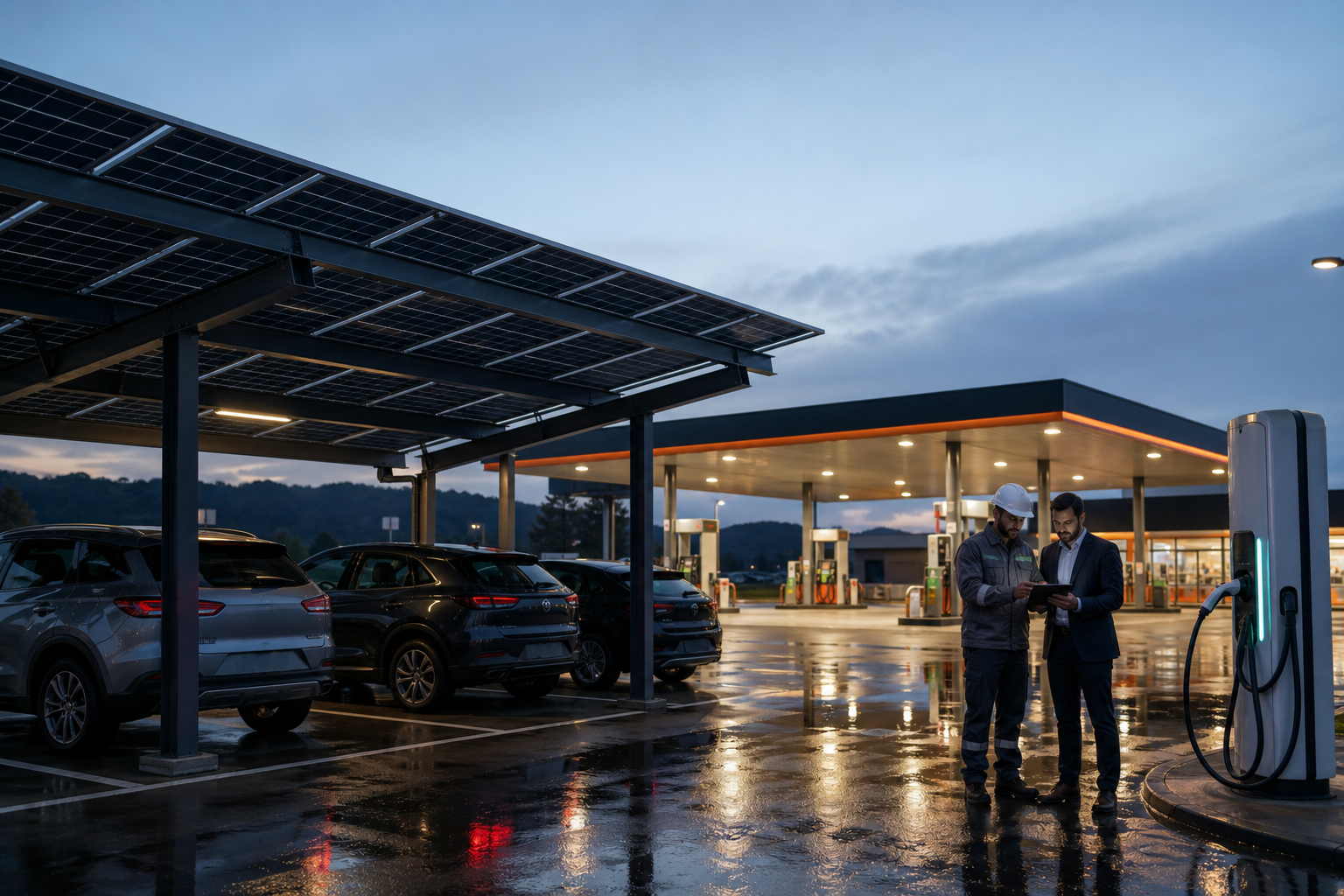 Gestor e técnico analisando energia em posto de combustíveis com painéis solares e infraestrutura elétrica ao fundo