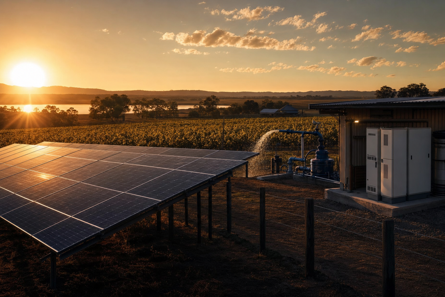 Propriedade rural com painéis solares, sistema de irrigação e infraestrutura elétrica no campo