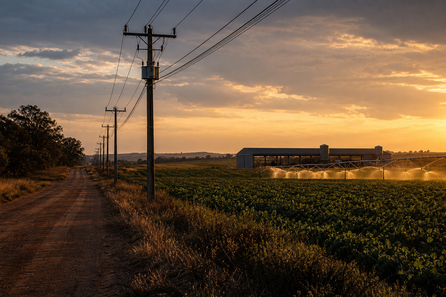 Rede elétrica rural com postes, transformador e irrigação ao fundo em propriedade produtiva