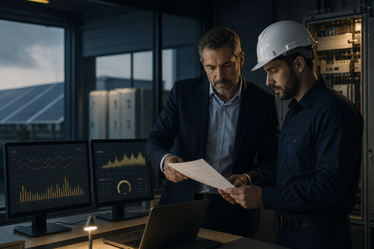 Gestor e especialista técnico analisando fatura, indicadores de consumo e infraestrutura elétrica antes de decidir investimentos em energia