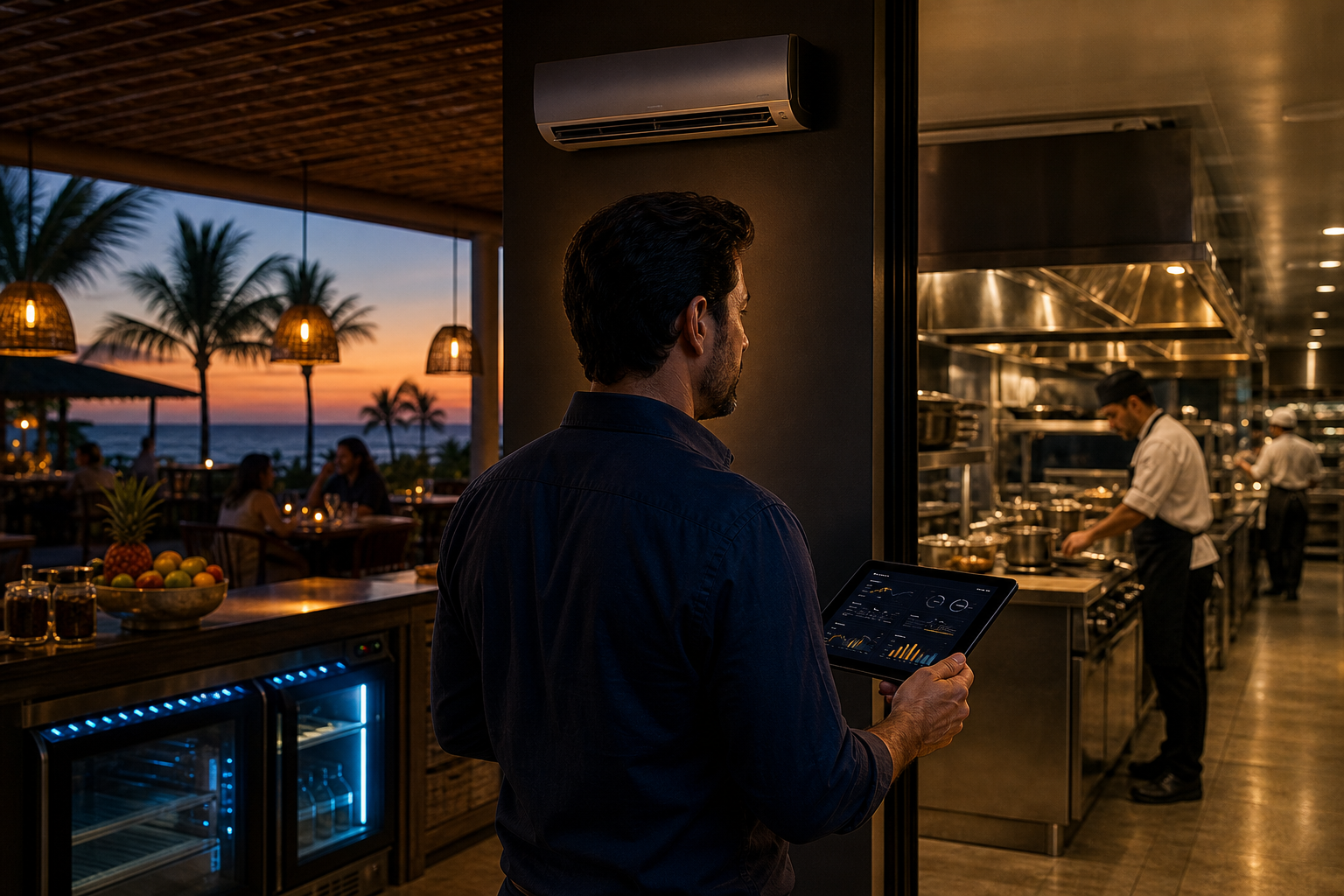 Área técnica de hotelaria e restaurante com climatização, refrigeração e medição de energia em operação