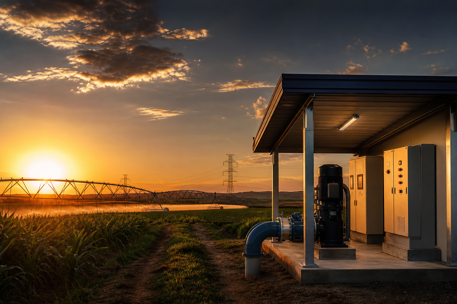 Sistema de irrigação agrícola ao entardecer com casa de bombas, painéis elétricos e rede de energia rural
