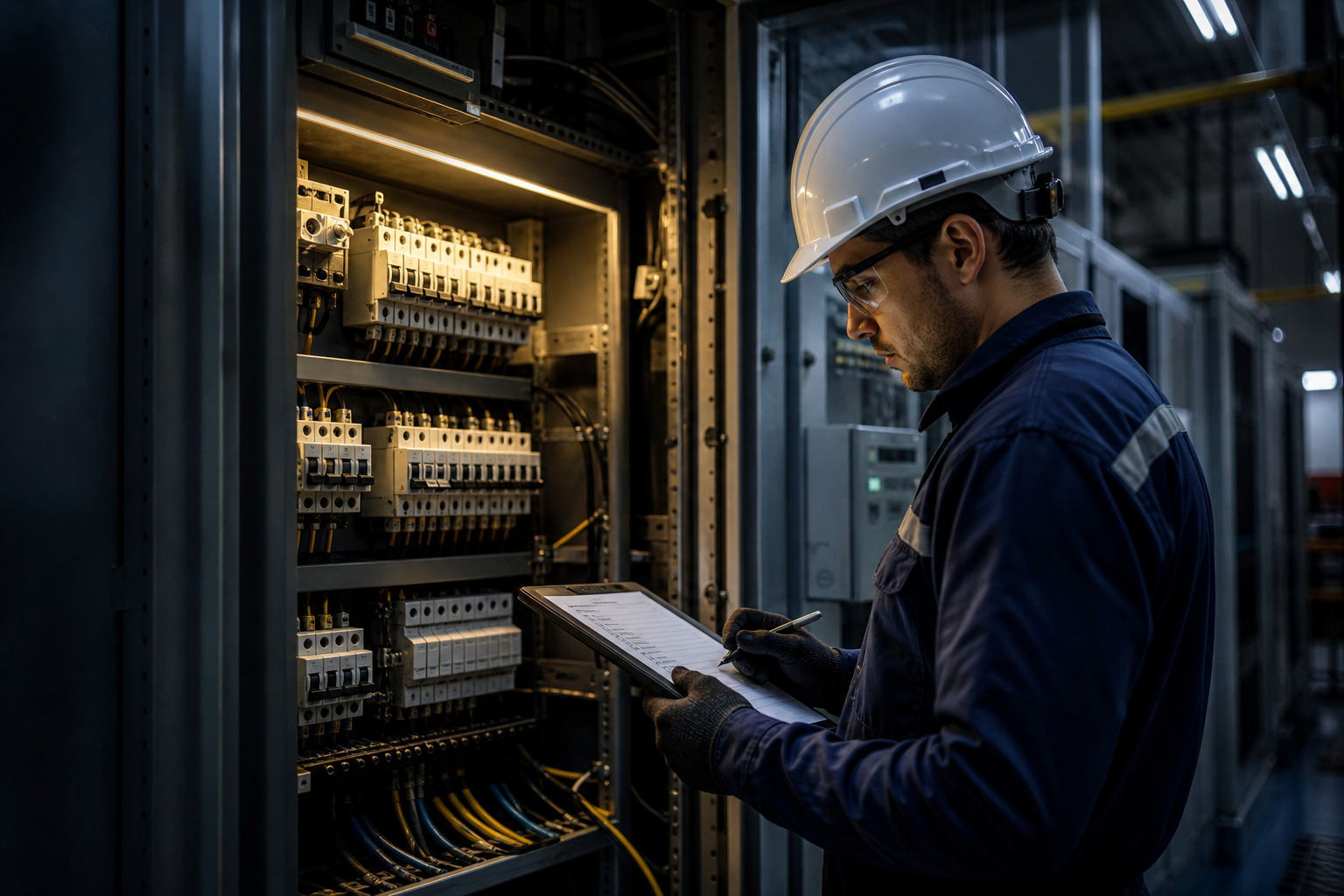 Profissional técnico analisando documentação elétrica, quadro de distribuição e checklist de segurança em ambiente empresarial