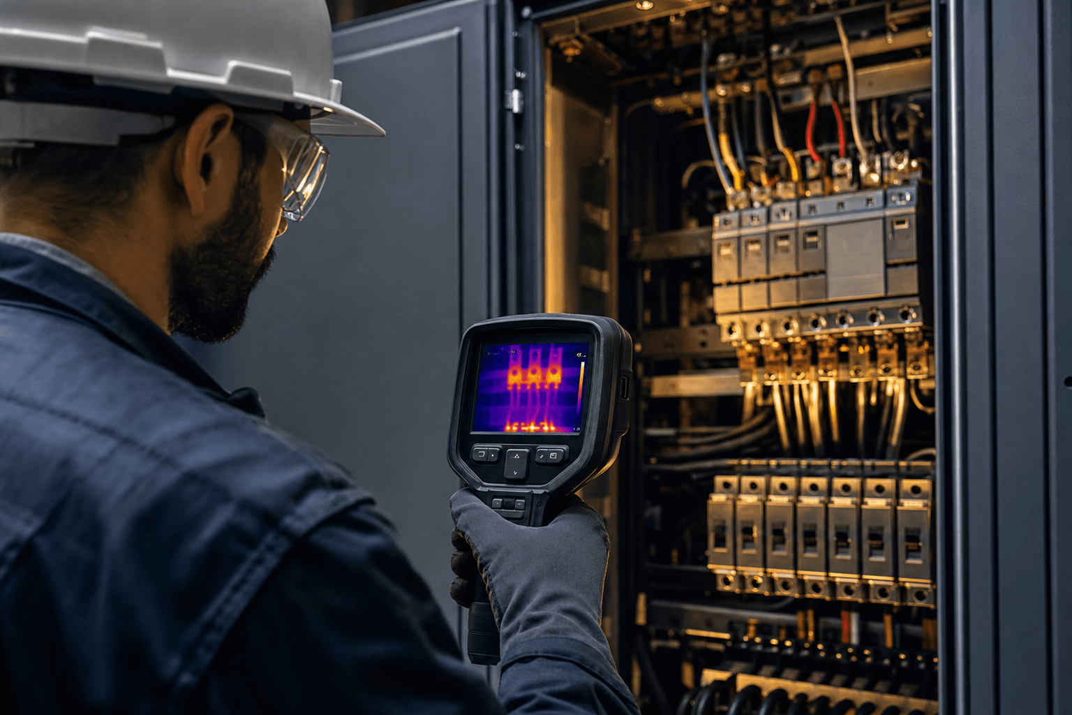 Técnico realizando inspeção termográfica em painel elétrico industrial durante manutenção preventiva