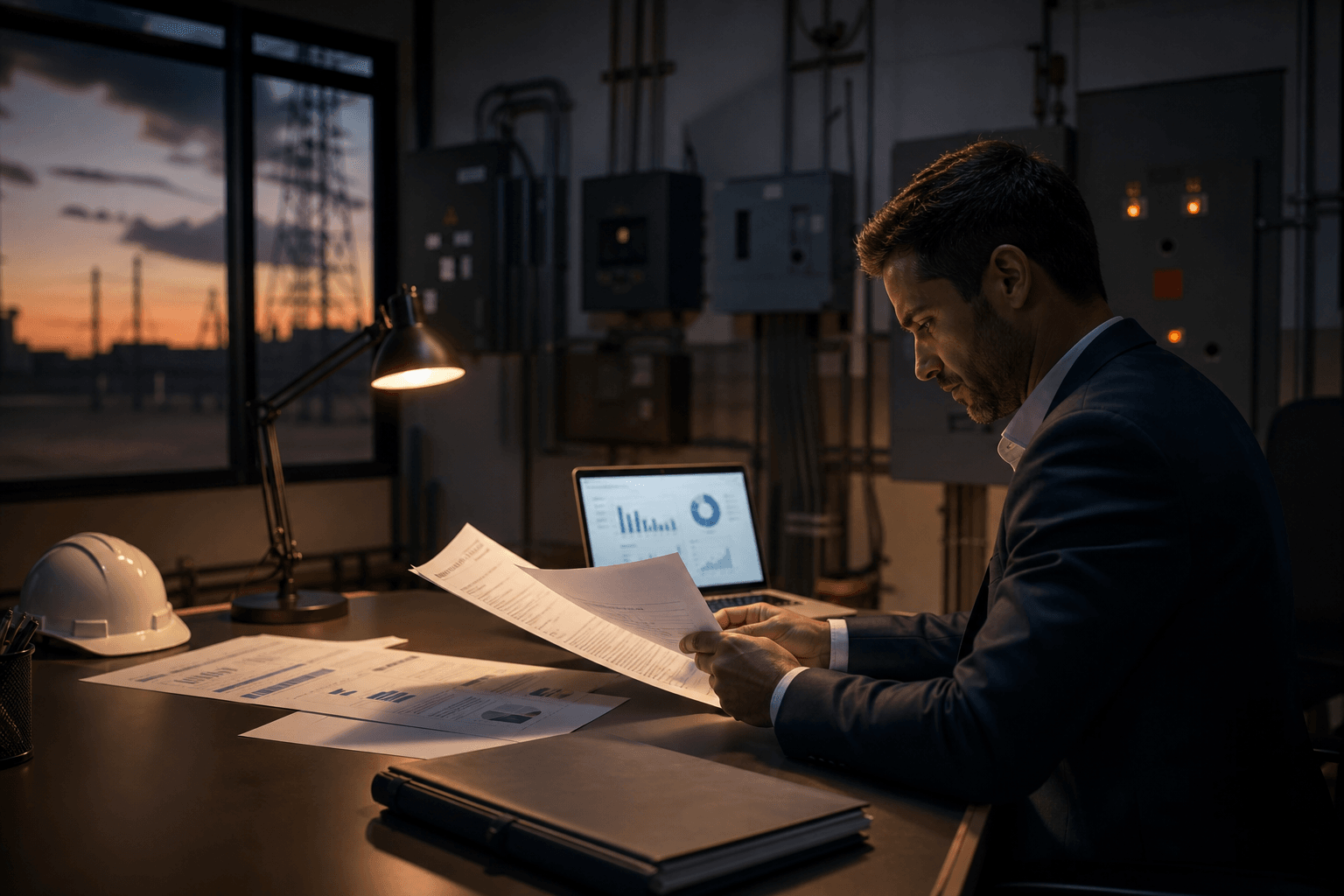 Gestor analisando fatura de energia, contrato e indicadores elétricos em ambiente empresarial, representando migração para o Mercado Livre de Energia no Grupo A
