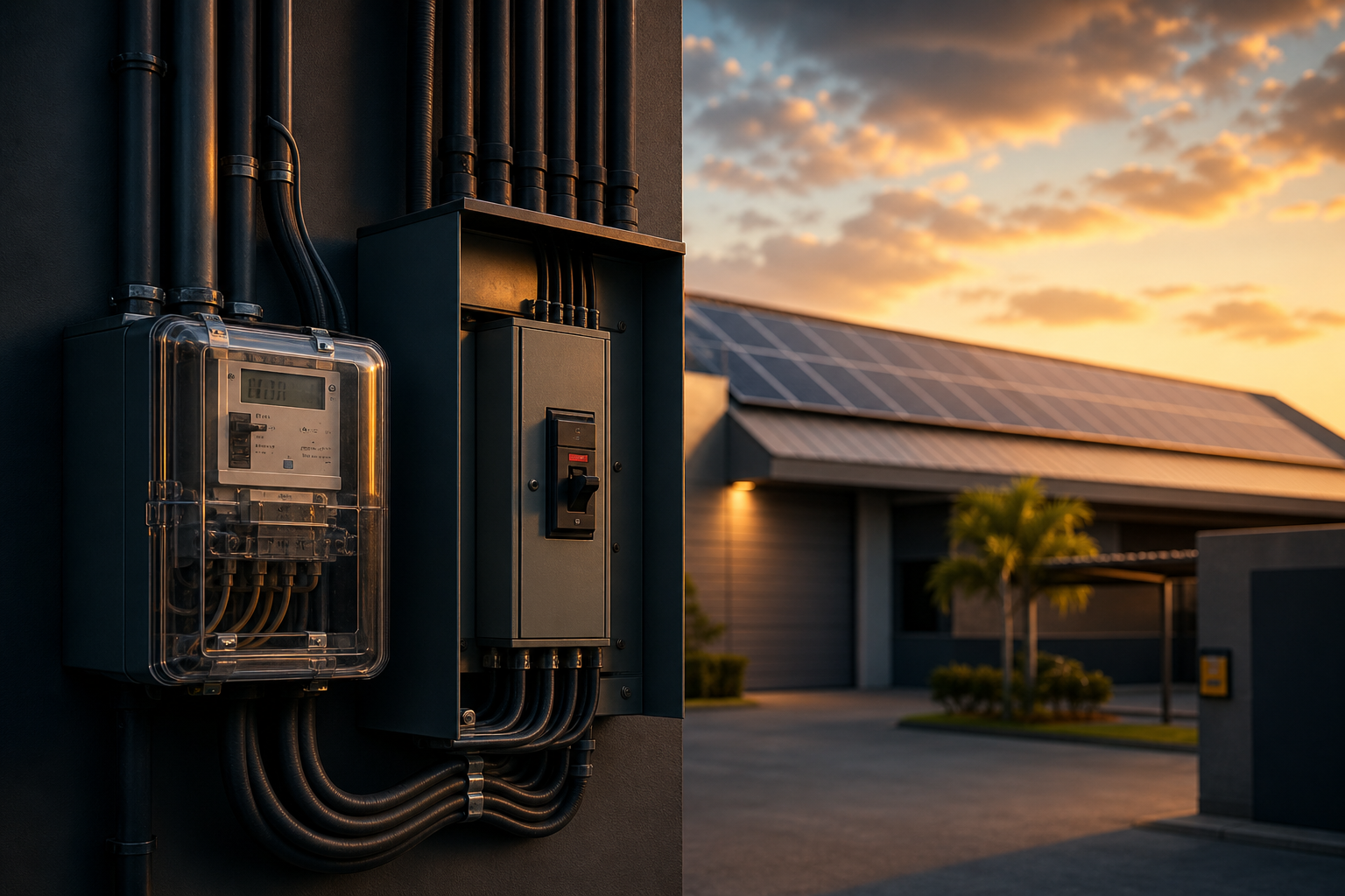 Profissional avaliando padrão de entrada de energia e infraestrutura elétrica antes de ampliação de carga ou instalação solar