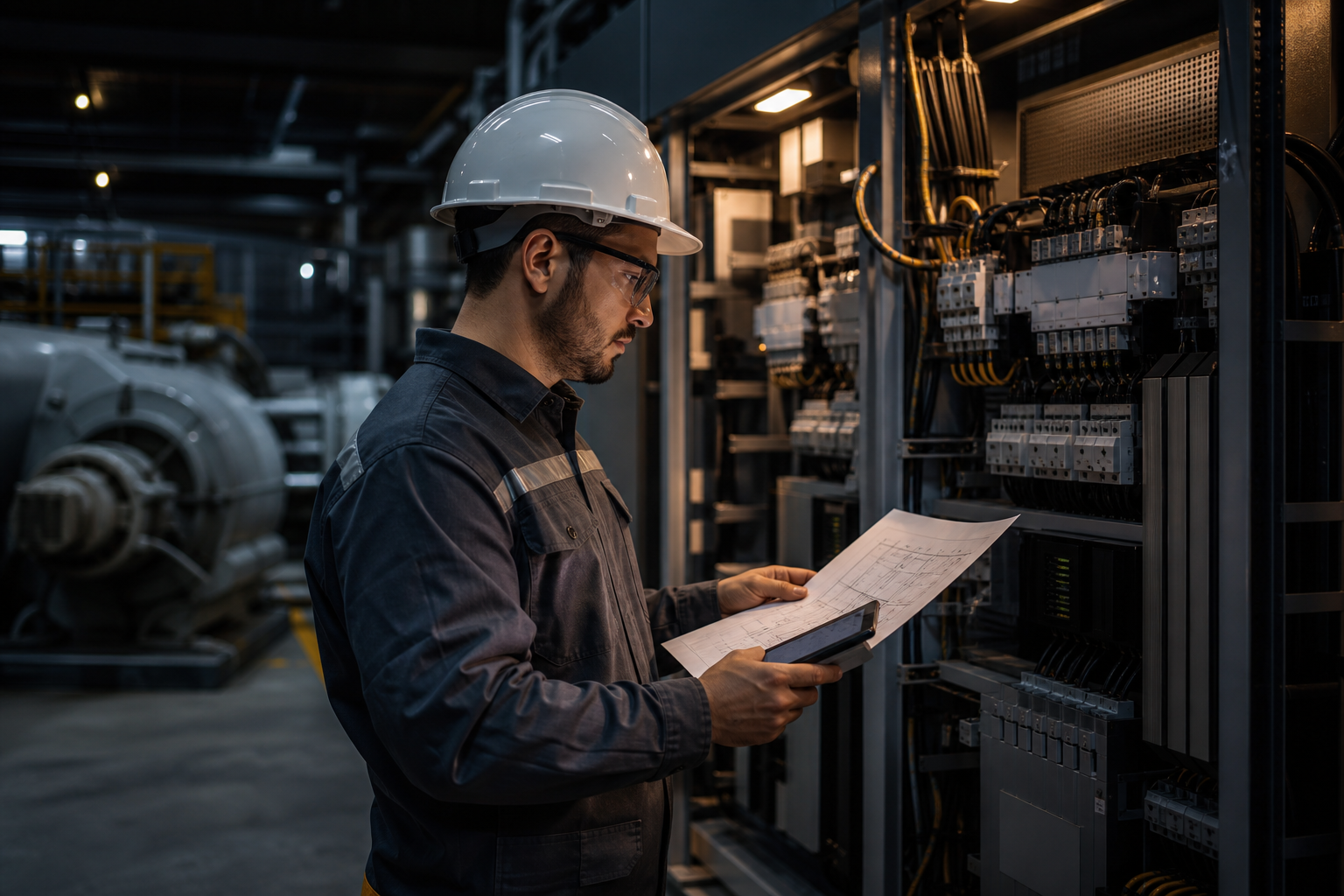 Técnico analisando projeto elétrico industrial ao lado de painéis e máquinas antes de uma ampliação de carga