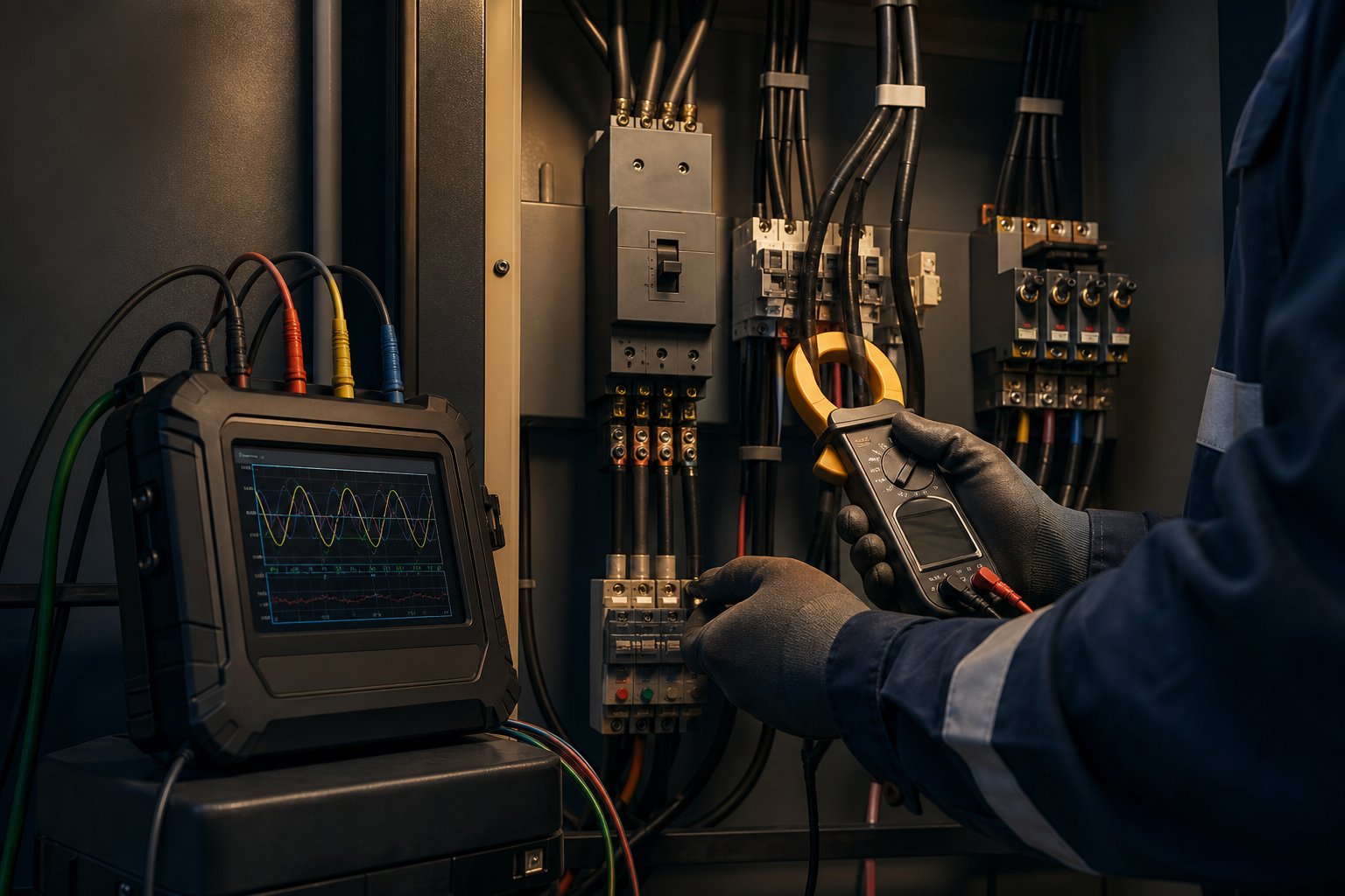 Analisador de qualidade de energia conectado a painel elétrico durante diagnóstico técnico em instalação empresarial