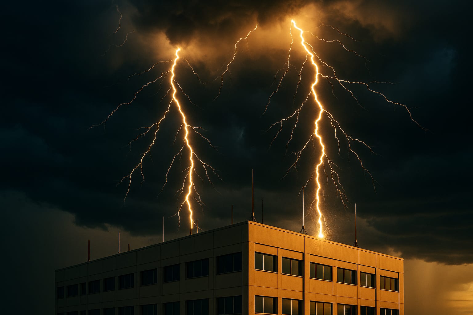 Edificação industrial com sistema SPDA visível no telhado durante tempestade