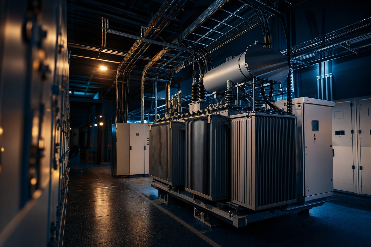 Subestação de energia com transformador, painéis elétricos e iluminação técnica em ambiente industrial