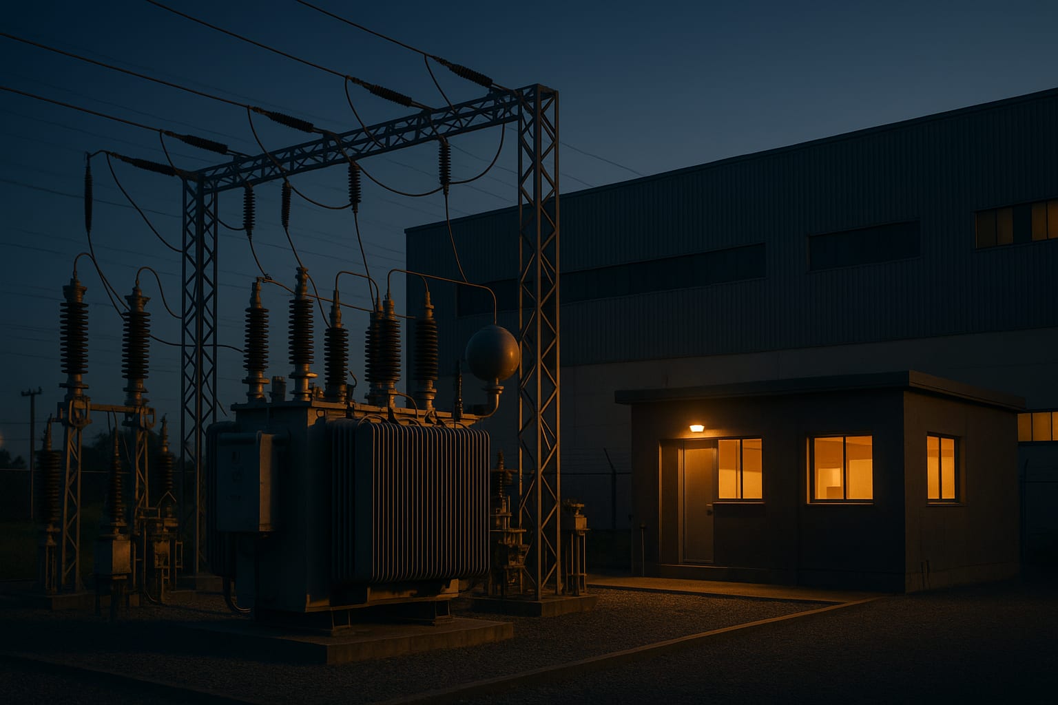 Subestação industrial ao entardecer com transformadores e cubículos