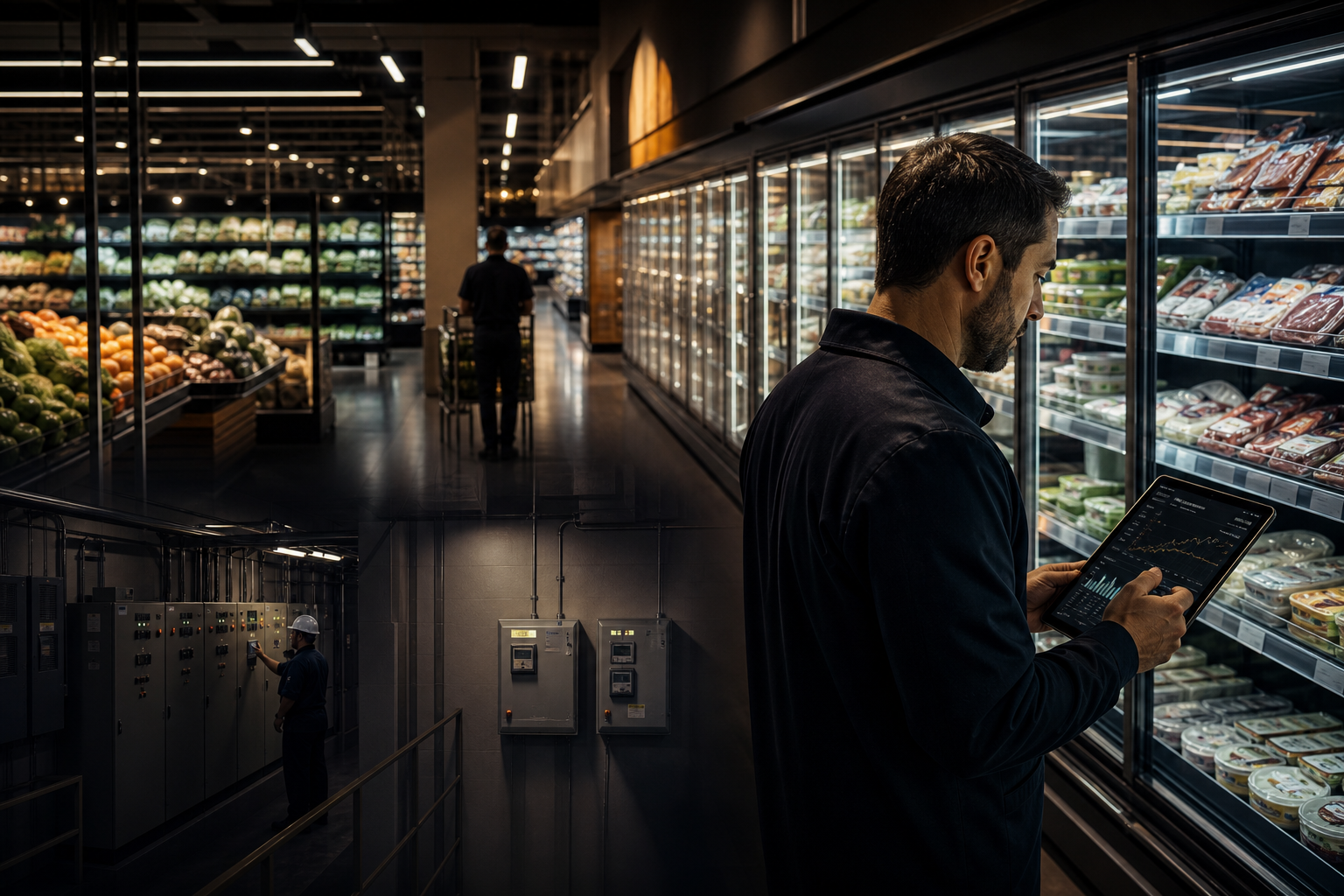 Gestor analisando indicadores de energia em supermercado com corredores refrigerados e infraestrutura elétrica ao fundo